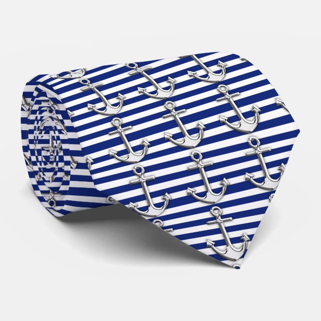 Chrome Like Anchor Nautical Navy Blue Stripes Neck Tie (Rolled)