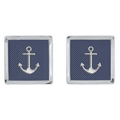 Chrome Like Anchor Nautical Navy Blue Stripes Silver Cufflinks