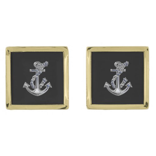 Chrome Like Anchor Nautical Navy on Black Print Cufflinks