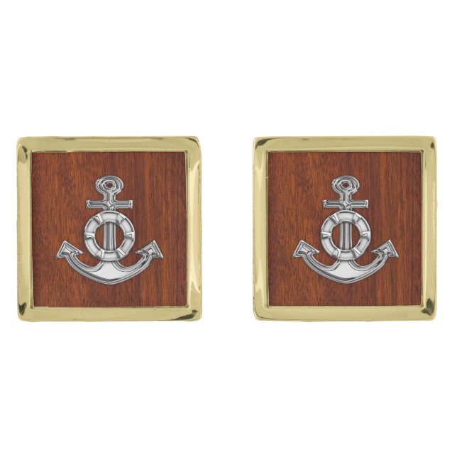 Chrome Like Anchor Nautical Navy on Mahogany Print Cufflinks (Front)