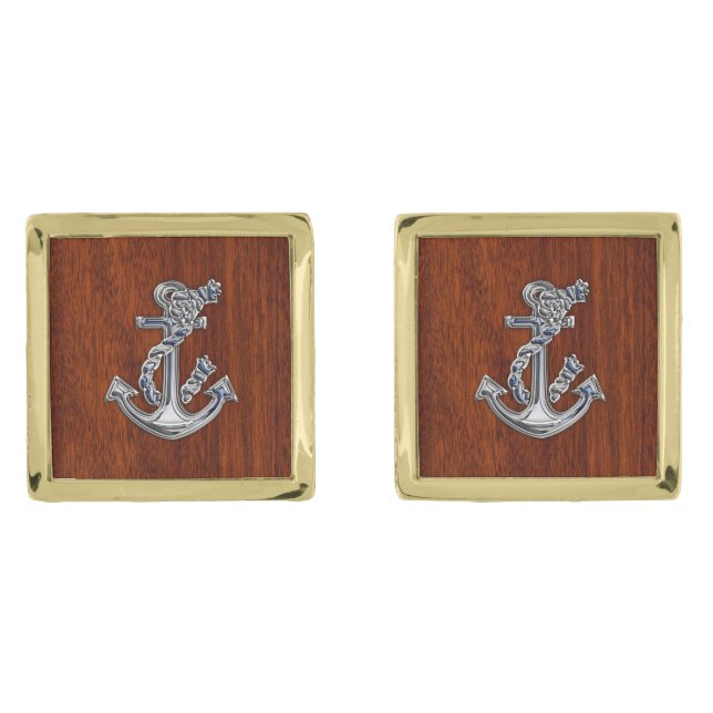 Chrome Like Anchor Nautical Navy on Mahogany Print Cufflinks (Front)