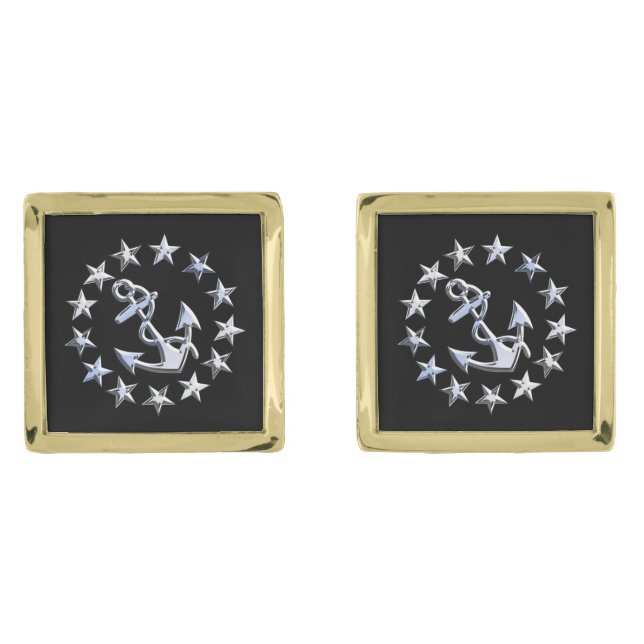 Chrome Like Anchor Nautical Navy on Mahogany Print Cufflinks (Front)
