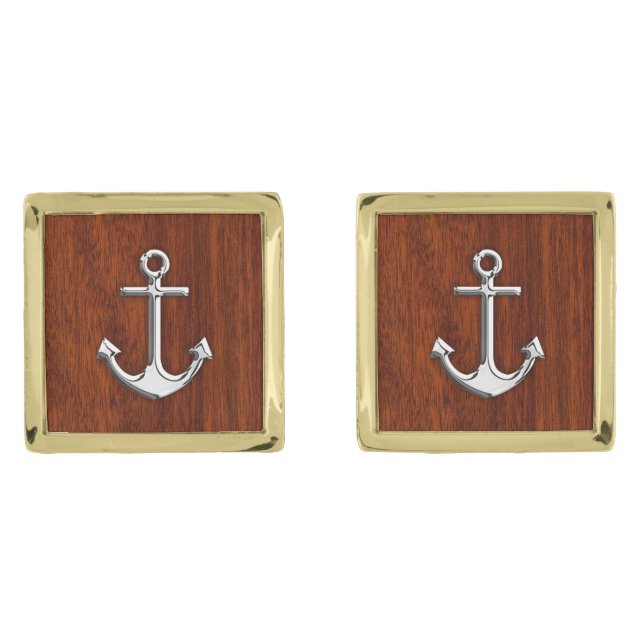 Chrome Like Anchor Nautical on Mahogany Print Gold Cufflinks (Front)