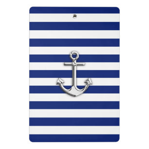 Chrome like Anchor on Nautical Navy Blue Stripes Mini Clipboard