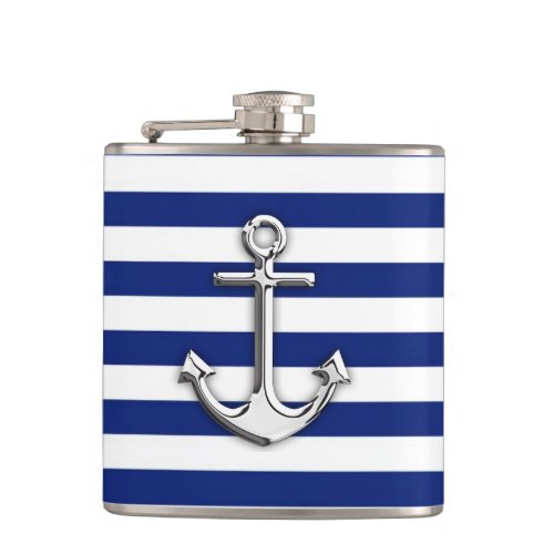 Chrome Like Anchor on Navy Blue Stripes Decor Flask