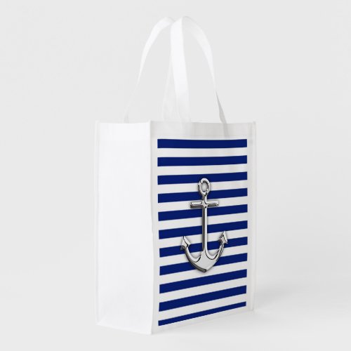 Chrome Like Anchor on Navy Blue Stripes decor Grocery Bag