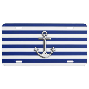 Chrome Like Anchor on Navy Blue Stripes Decor License Plate