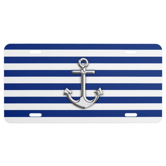 Chrome Like Anchor on Navy Blue Stripes Decor License Plate (Front)