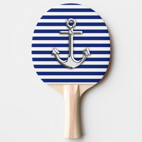 Chrome Like Anchor on Navy Blue Stripes Decor Ping_Pong Paddle