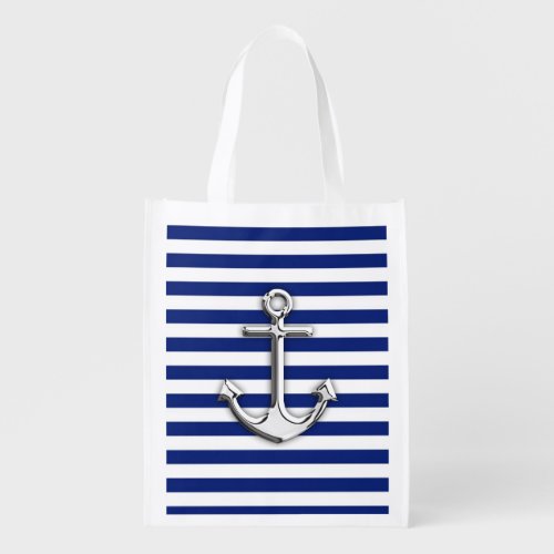 Chrome Like Anchor on Navy Blue Stripes decor Reusable Grocery Bag