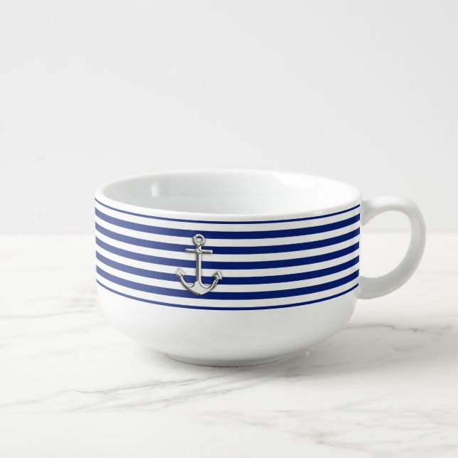 Chrome Like Anchor on Navy Stripes Decor Soup Mug (Left)
