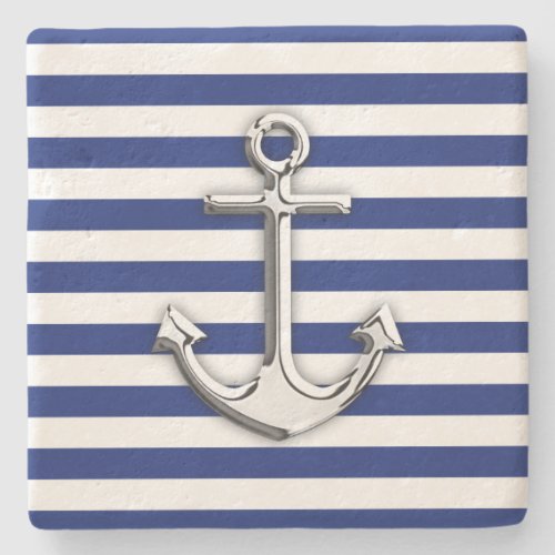 Chrome Like Anchor on Navy Stripes Decor Stone Coaster