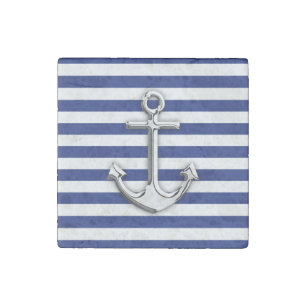 Chrome Like Anchor on Navy Stripes Decor Stone Magnet