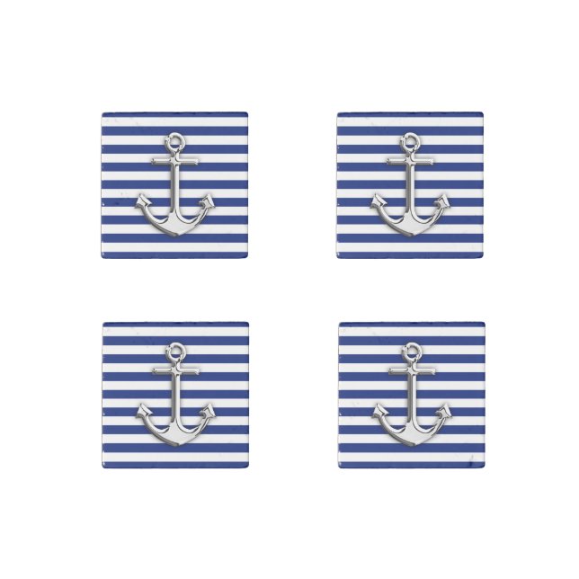 Chrome Like Anchor on Navy Stripes Decor Stone Magnet (Front)