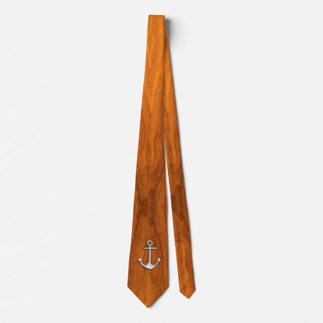 Chrome like Anchor on Teak Veneer style print Tie (Front)