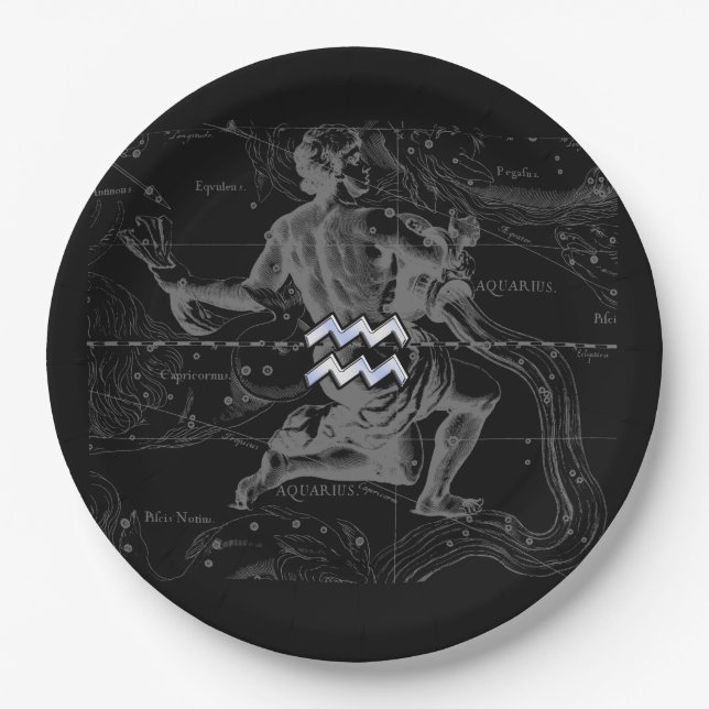 Chrome like Aquarius Zodiac Sign on Hevelius 1690 Paper Plates (Front)
