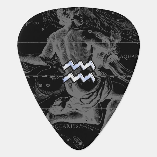 Chrome like Aquarius Zodiac Symbol on Hevelius Guitar Pick (Front)