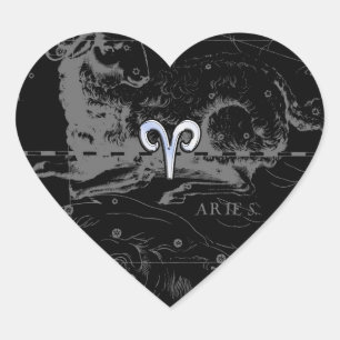 Chrome like Aries Zodiac Sign on Hevelius Black Heart Sticker