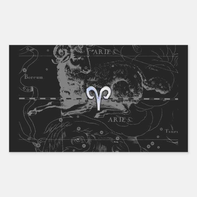 Chrome like Aries Zodiac Sign on Hevelius Black Rectangular Sticker (Front)