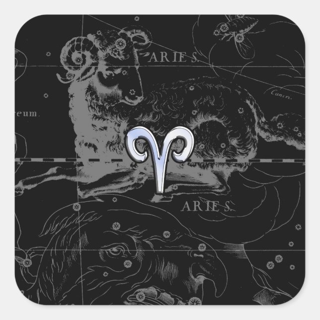 Chrome like Aries Zodiac Sign on Hevelius Black Square Sticker (Front)
