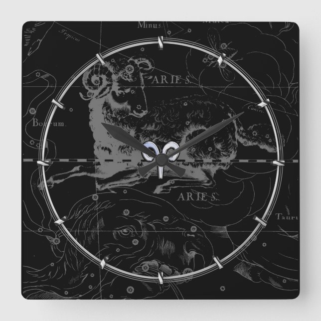Chrome like Aries Zodiac Sign on Hevelius Black Square Wall Clock (Front)