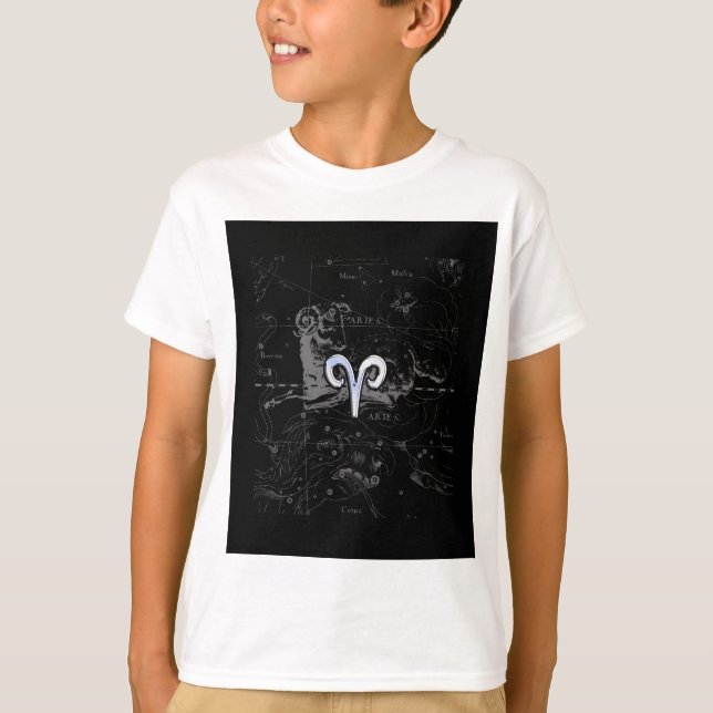 Chrome like Aries Zodiac Sign on Hevelius Black T-Shirt (Front)