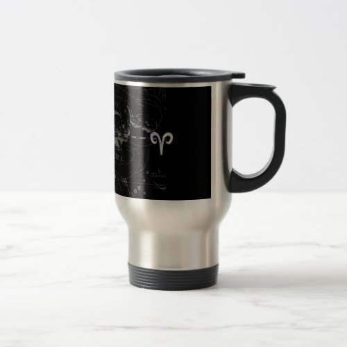 Chrome like Aries Zodiac Sign on Hevelius Black Travel Mug