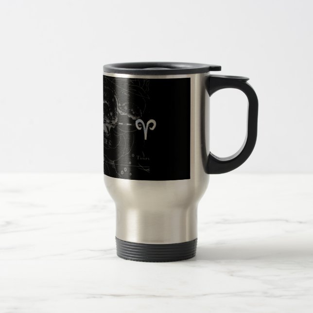 Chrome like Aries Zodiac Sign on Hevelius Black Travel Mug (Right)