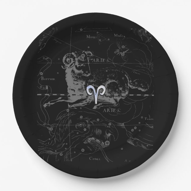 Chrome like Aries Zodiac Sign on Hevelius Paper Plates (Front)