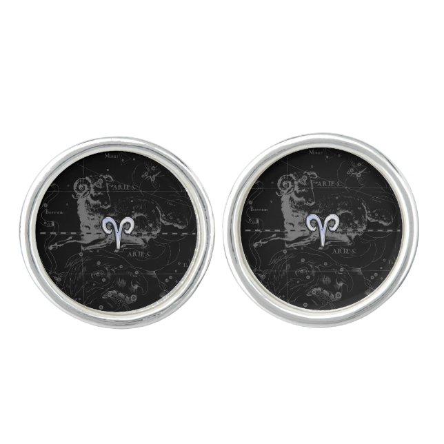 Chrome like Aries Zodiac Sign Vintage Hevelius Cufflinks (Front)