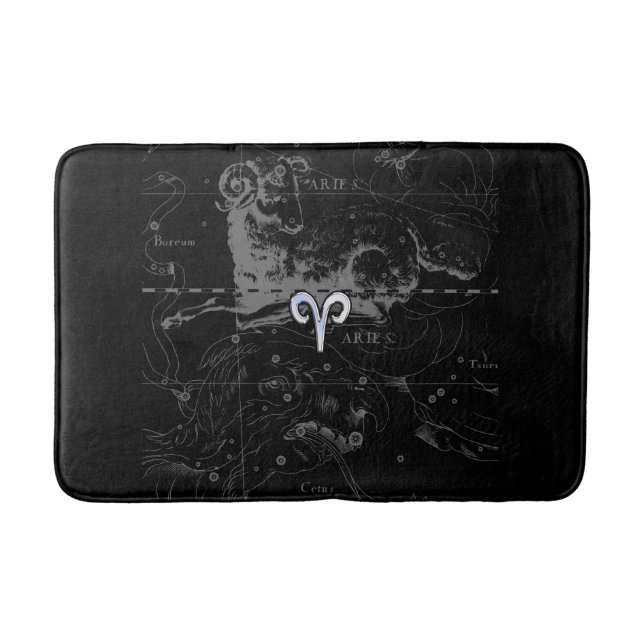Chrome like Aries Zodiac Symbol on Hevelius Bathroom Mat (Front)