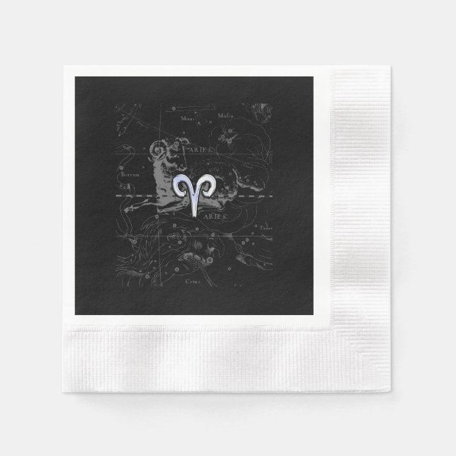 Chrome like Aries Zodiac Symbol on Hevelius Paper Napkins (Front)
