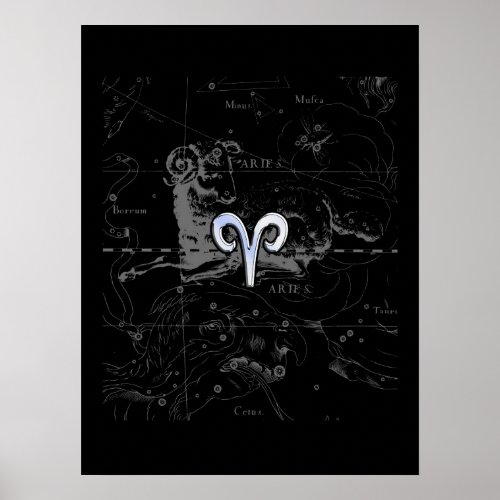 Chrome like Aries Zodiac Symbol on Hevelius Poster