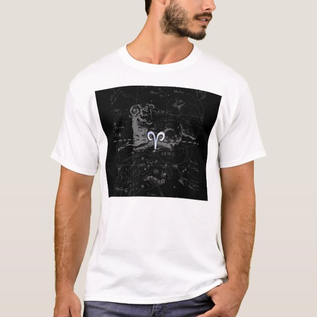 Chrome like Aries Zodiac Symbol on Hevelius T-Shirt (Front)