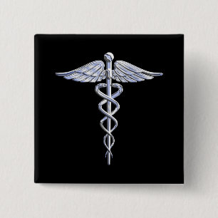 Chrome Like Caduceus Medical Symbol Black Decor Pinback Button