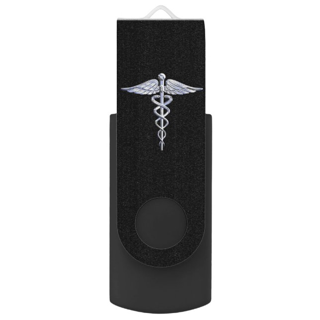 Chrome Like Caduceus Medical Symbol Black Decor USB Flash Drive (Front Vertical)