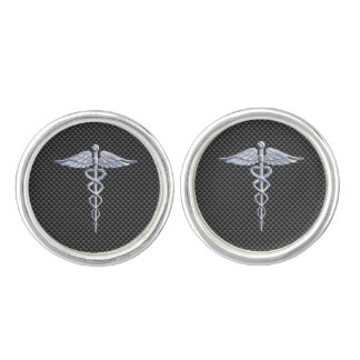 Chrome Like Caduceus Medical Symbol Carbon Fiber Cufflinks