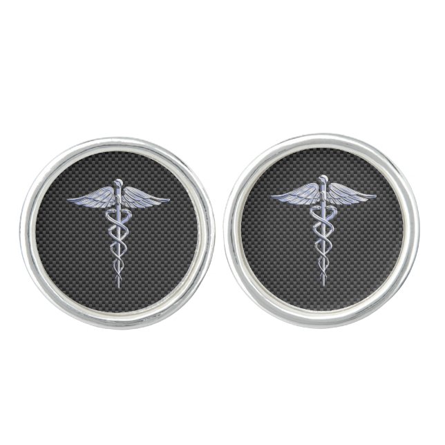 Chrome Like Caduceus Medical Symbol Carbon Fiber Cufflinks (Front)