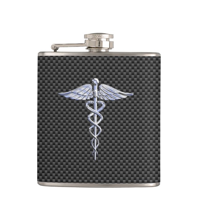 Chrome Like Caduceus Medical Symbol Carbon Fiber Hip Flask (Front)