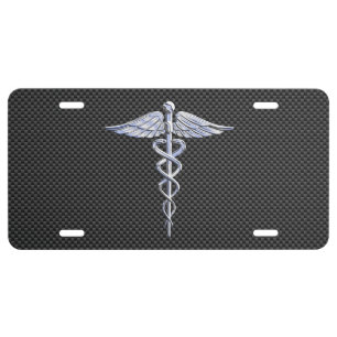 Chrome Like Caduceus Medical Symbol Carbon Fiber License Plate