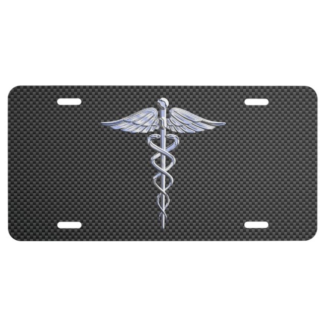Chrome Like Caduceus Medical Symbol Carbon Fiber License Plate (Front)