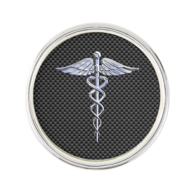 Chrome Like Caduceus Medical Symbol Carbon Fiber Pin (Front)