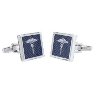 Chrome Like Caduceus Medical Symbol Carbon Fiber Silver Cufflinks