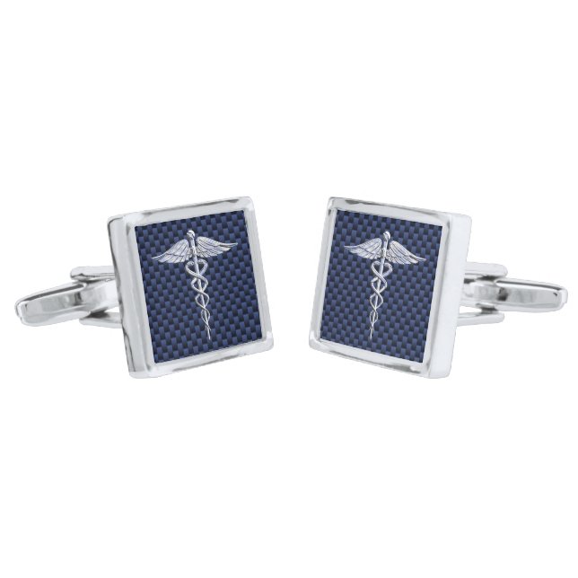 Chrome Like Caduceus Medical Symbol Carbon Fiber Silver Cufflinks (Angled)