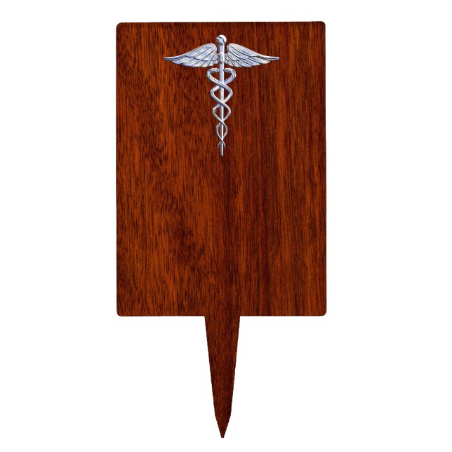 Chrome Like Caduceus Medical Symbol Mahogany Brown Cake Topper (Front)