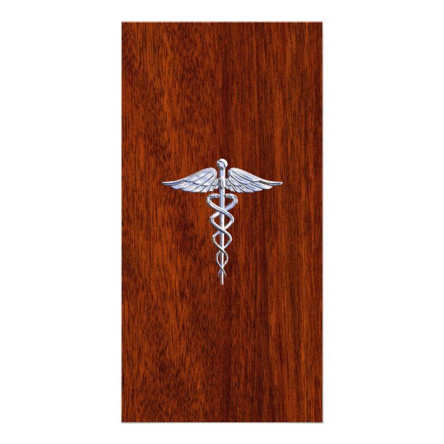 Chrome Like Caduceus Medical Symbol Mahogany Brown Card (Front)