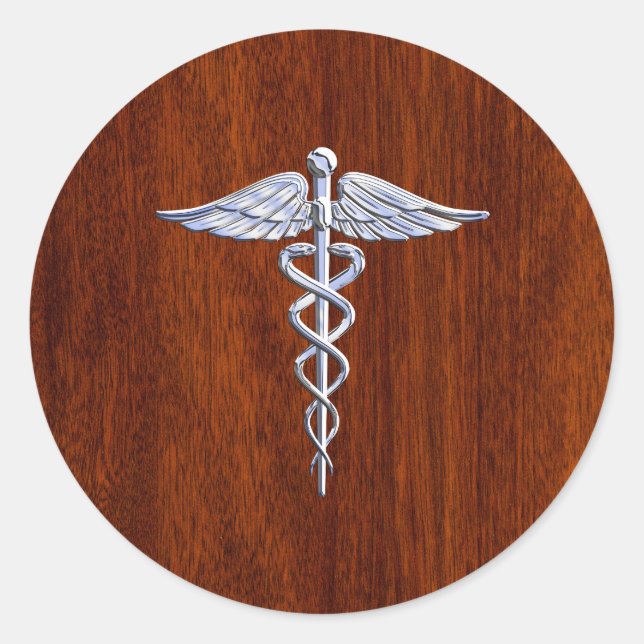 Chrome Like Caduceus Medical Symbol Mahogany Brown Classic Round Sticker (Front)