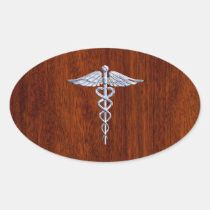 Chrome Like Caduceus Medical Symbol Mahogany Brown Oval Sticker