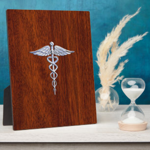 Chrome Like Caduceus Medical Symbol Mahogany Brown Plaque