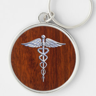 Chrome Like Caduceus Medical Symbol Mahogany Decor Keychain